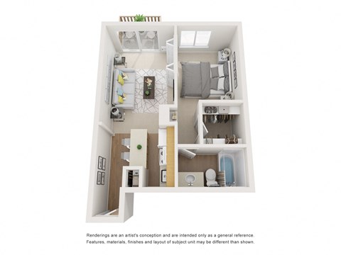 Floor plan for 1 bed, 1 bath, 570 sqft